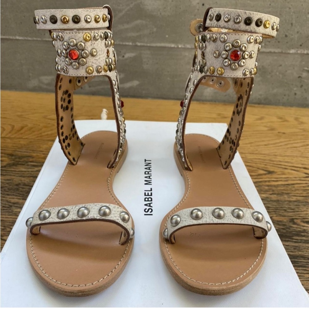 ISABEL MARANT Caroll Crystal Studded Jeweled White Leather Flat Sandals 41 10